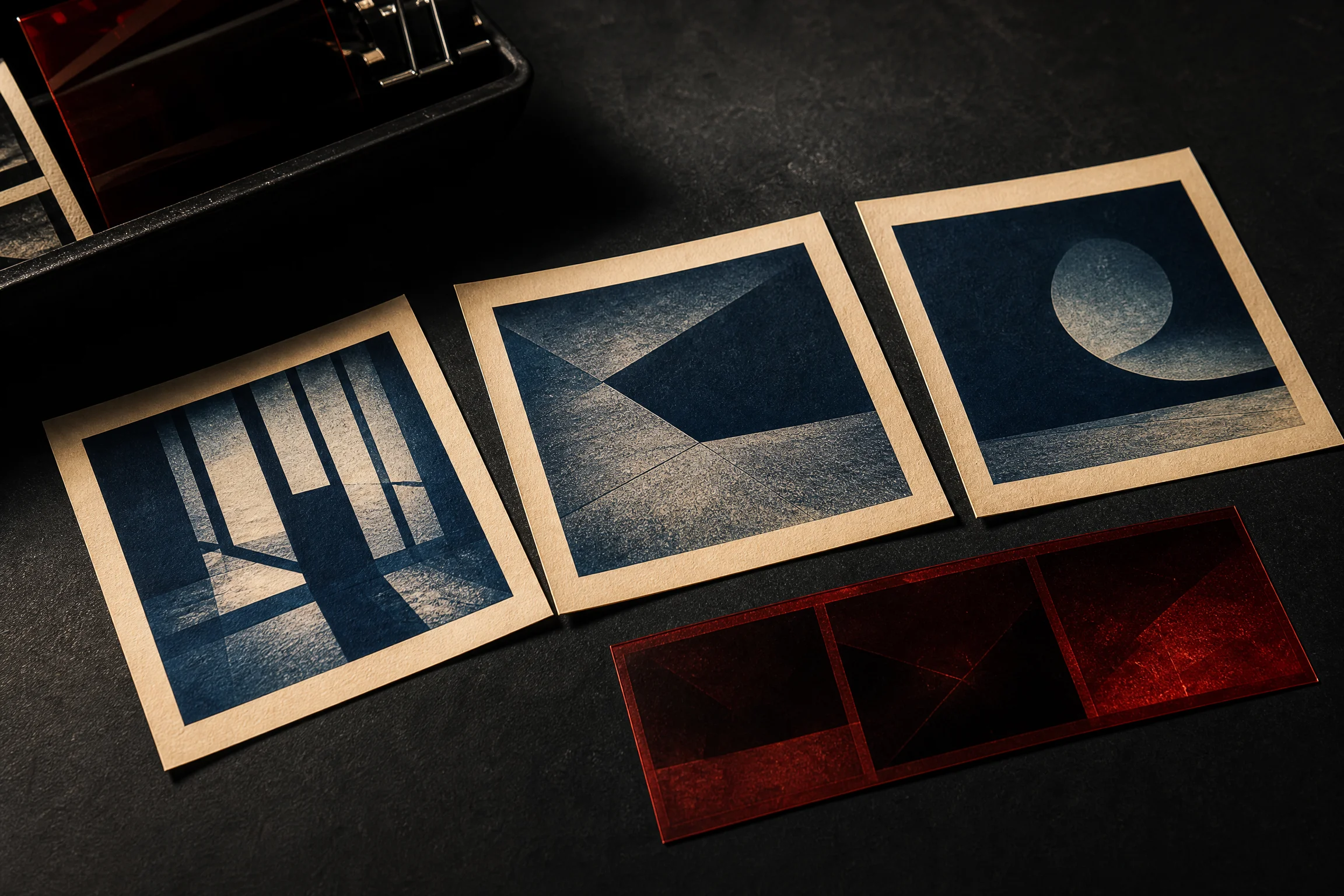Cyan photographic proofs arranged for a controlled comparison