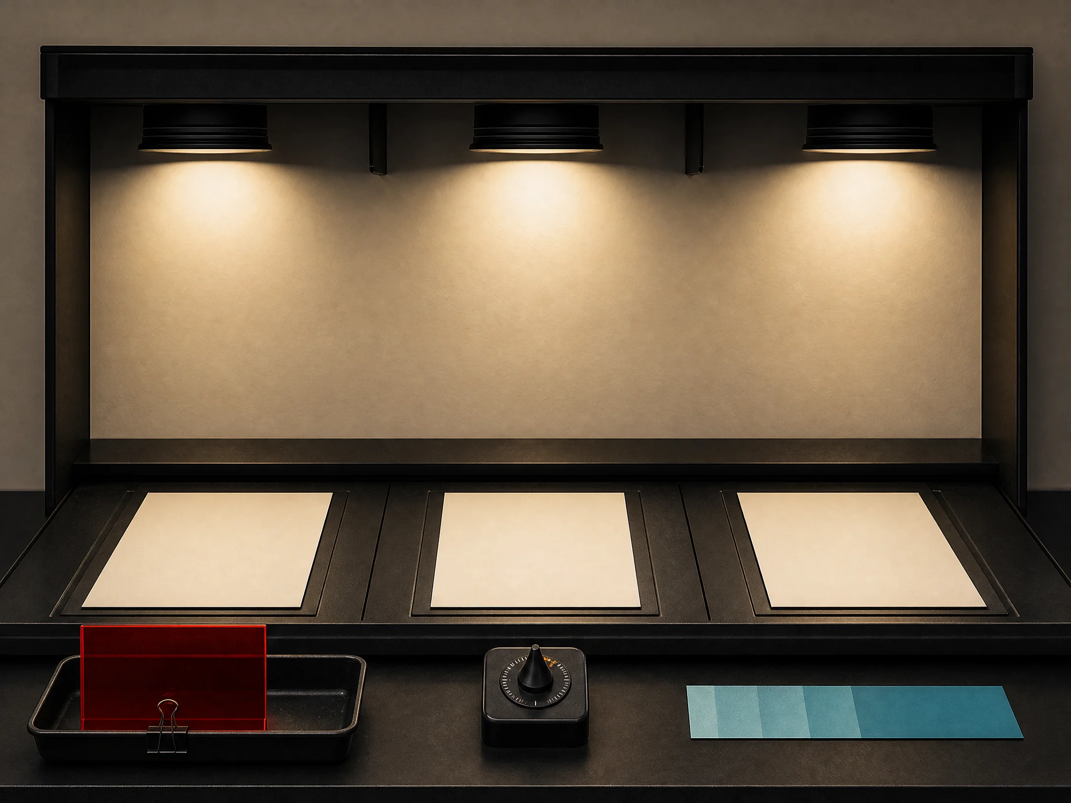 Empty darkroom exposure bench with three illuminated working bays