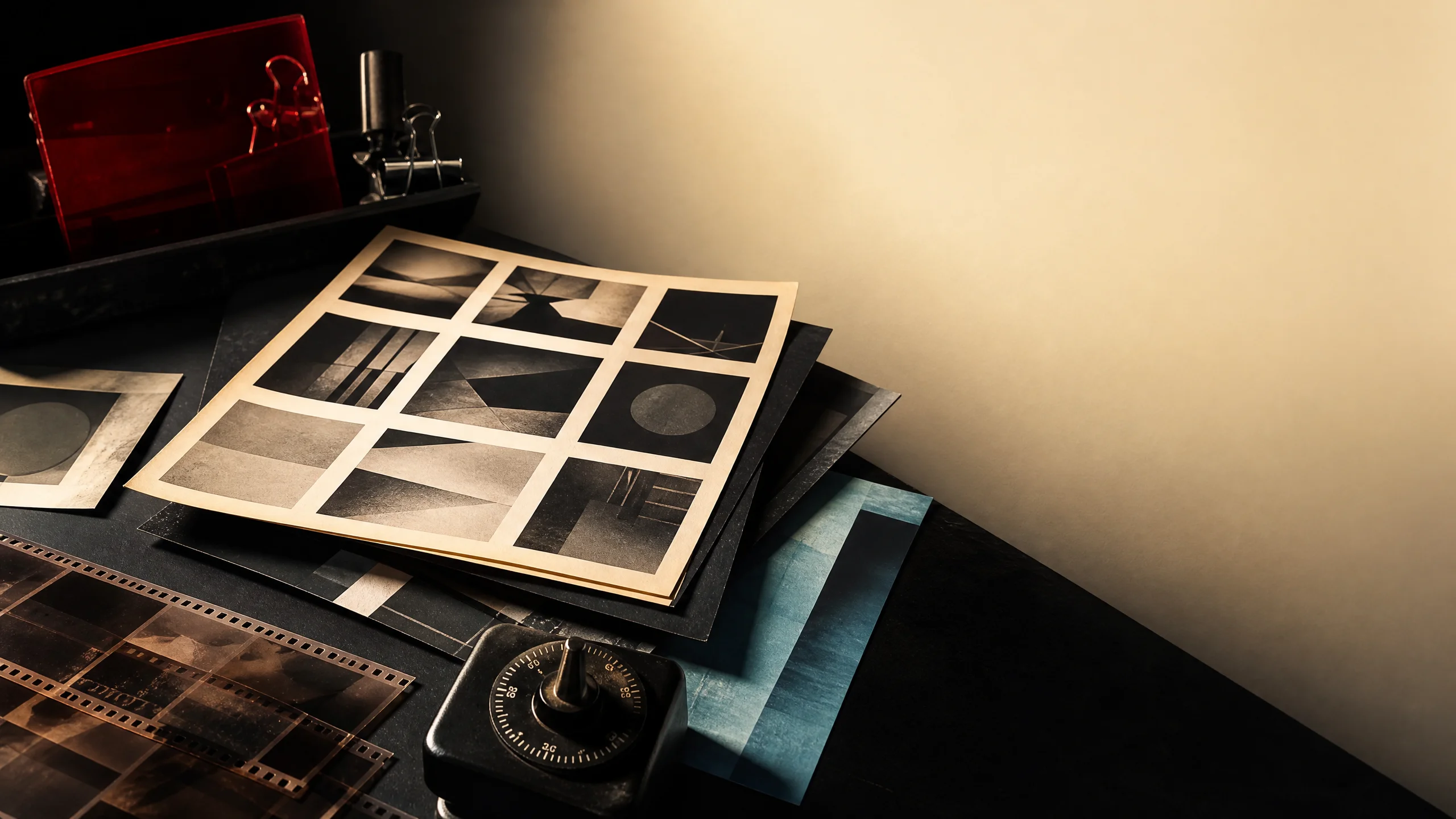 Analog darkroom desk with photographic contact sheet and exposure timer