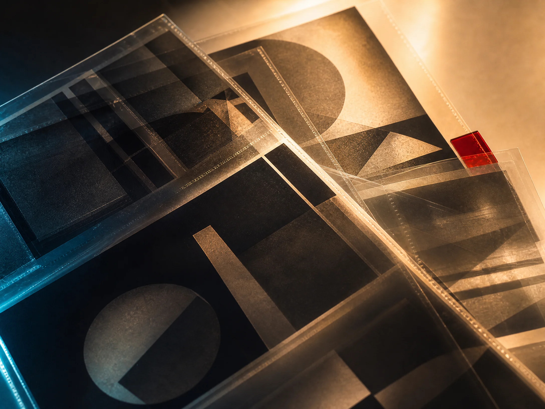 Layered photographic negatives under warm and cyan light