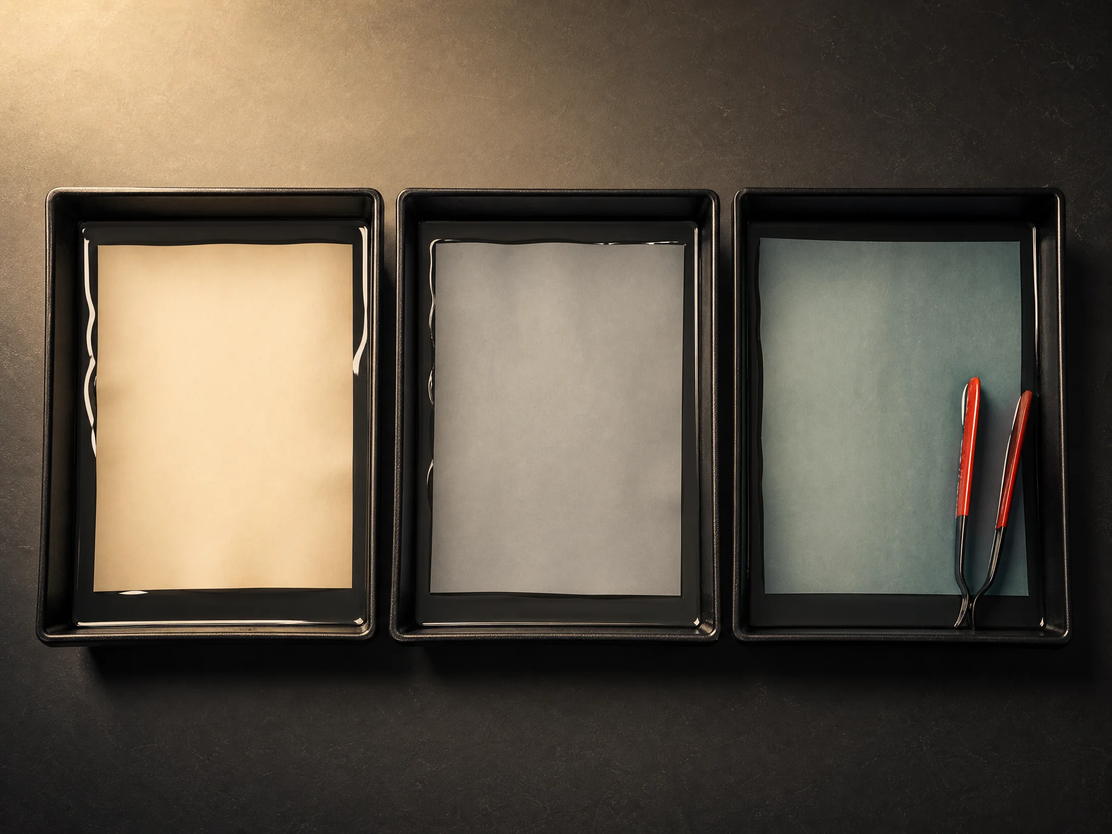 Three photographic wash trays representing a validation sequence